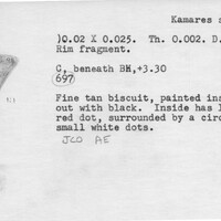 Index card with typed and handwritten information, sometimes including a sketch, of pottery from an excavation.