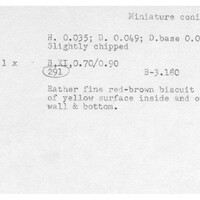 Index card with typed and handwritten information, sometimes including a sketch, of pottery from an excavation.