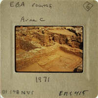 Old photograph of an archaeological site with stone ruins, dated 1971.