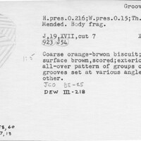 Index card with typed and handwritten information, sometimes including a sketch, of pottery from an excavation.