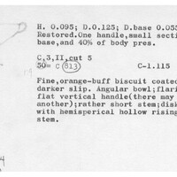 Index card with typed and handwritten information, sometimes including a sketch, of pottery from an excavation.