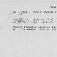 Index card with typed and handwritten information, sometimes including a sketch, of pottery from an excavation.