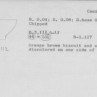 Index card with typed and handwritten information, sometimes including a sketch, of pottery from an excavation.