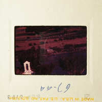 The image shows a black and white photo of a church with a steeple, taken from an elevated perspective.