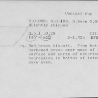 Index card with typed and handwritten information, sometimes including a sketch, of pottery from an excavation.