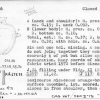 Index card with typed and handwritten information, sometimes including a sketch, of pottery from an excavation.