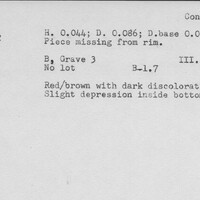 Index card with typed and handwritten information, sometimes including a sketch, of pottery from an excavation.