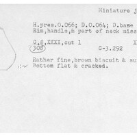 Index card with typed and handwritten information, sometimes including a sketch, of pottery from an excavation.