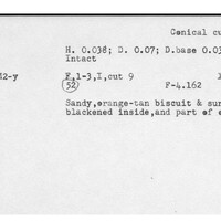 Index card with typed and handwritten information, sometimes including a sketch, of pottery from an excavation.