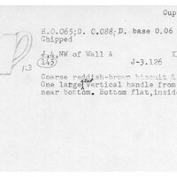 Index card with typed and handwritten information, sometimes including a sketch, of pottery from an excavation.