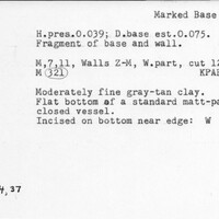 Index card with typed and handwritten information, sometimes including a sketch, of pottery from an excavation.
