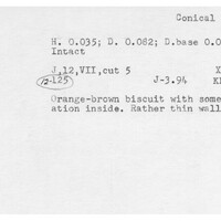 Index card with typed and handwritten information, sometimes including a sketch, of pottery from an excavation.