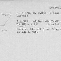 Index card with typed and handwritten information, sometimes including a sketch, of pottery from an excavation.
