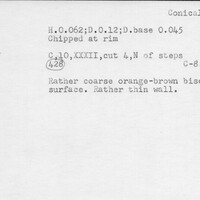 Index card with typed and handwritten information, sometimes including a sketch, of pottery from an excavation.