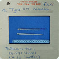 A pair of bone needles on a blue surface.
