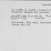 Index card with typed and handwritten information, sometimes including a sketch, of pottery from an excavation.