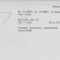 Index card with typed and handwritten information, sometimes including a sketch, of pottery from an excavation.