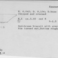 Index card with typed and handwritten information, sometimes including a sketch, of pottery from an excavation.