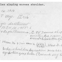 Index card with typed and handwritten information, sometimes including a sketch, of pottery from an excavation.