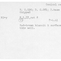Index card with typed and handwritten information, sometimes including a sketch, of pottery from an excavation.