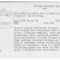 Index card with typed and handwritten information, sometimes including a sketch, of pottery from an excavation.
