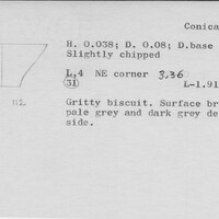 Index card with typed and handwritten information, sometimes including a sketch, of pottery from an excavation.
