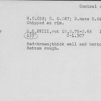 Index card with typed and handwritten information, sometimes including a sketch, of pottery from an excavation.