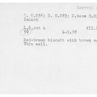 Index card with typed and handwritten information, sometimes including a sketch, of pottery from an excavation.