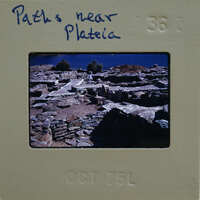 An old photograph of ancient ruins with a label and date on the front.