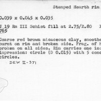 Index card with typed and handwritten information, sometimes including a sketch, of pottery from an excavation.