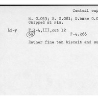 Index card with typed and handwritten information, sometimes including a sketch, of pottery from an excavation.