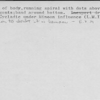Index card with typed and handwritten information, sometimes including a sketch, of pottery from an excavation.