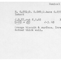 Index card with typed and handwritten information, sometimes including a sketch, of pottery from an excavation.