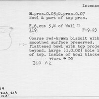 Index card with typed and handwritten information, sometimes including a sketch, of pottery from an excavation.