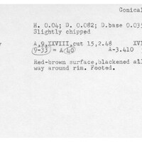 Index card with typed and handwritten information, sometimes including a sketch, of pottery from an excavation.