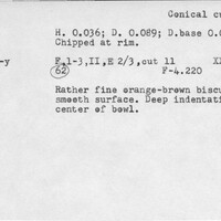 Index card with typed and handwritten information, sometimes including a sketch, of pottery from an excavation.