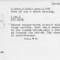 Index card with typed and handwritten information, sometimes including a sketch, of pottery from an excavation.