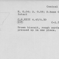 Index card with typed and handwritten information, sometimes including a sketch, of pottery from an excavation.