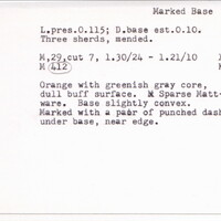 Index card with typed and handwritten information, sometimes including a sketch, of pottery from an excavation.