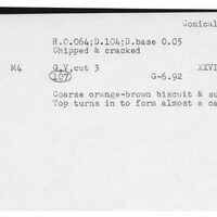 Index card with typed and handwritten information, sometimes including a sketch, of pottery from an excavation.