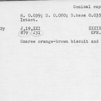 Index card with typed and handwritten information, sometimes including a sketch, of pottery from an excavation.
