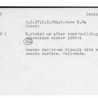 Index card with typed and handwritten information, sometimes including a sketch, of pottery from an excavation.