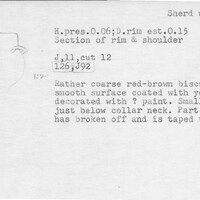 Index card with typed and handwritten information, sometimes including a sketch, of pottery from an excavation.