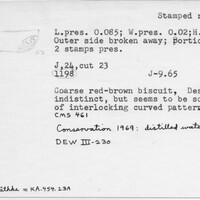 Index card with typed and handwritten information, sometimes including a sketch, of pottery from an excavation.