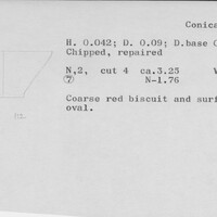 Index card with typed and handwritten information, sometimes including a sketch, of pottery from an excavation.