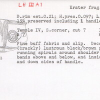 Index card with typed and handwritten information, sometimes including a sketch, of pottery from an excavation.
