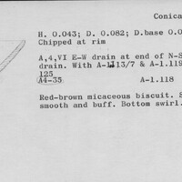 Index card with typed and handwritten information, sometimes including a sketch, of pottery from an excavation.