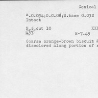 Index card with typed and handwritten information, sometimes including a sketch, of pottery from an excavation.