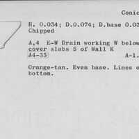 Index card with typed and handwritten information, sometimes including a sketch, of pottery from an excavation.