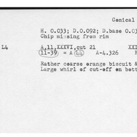 Index card with typed and handwritten information, sometimes including a sketch, of pottery from an excavation.